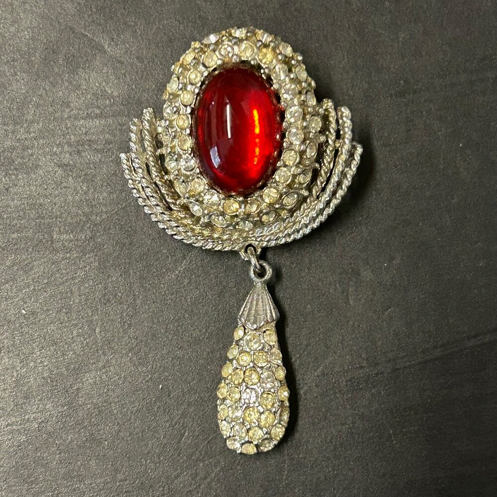 Vintage 70's Red Oval Cabochon Clear Rhinestone Dangle Brooch Pendant